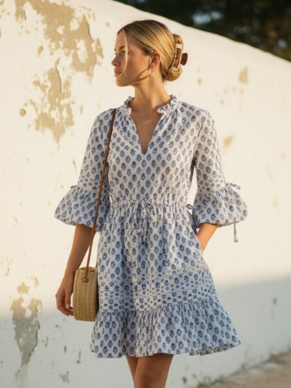 Pink City Prints Amelia Mini Dress Blue White Block Print Tiered L NWT